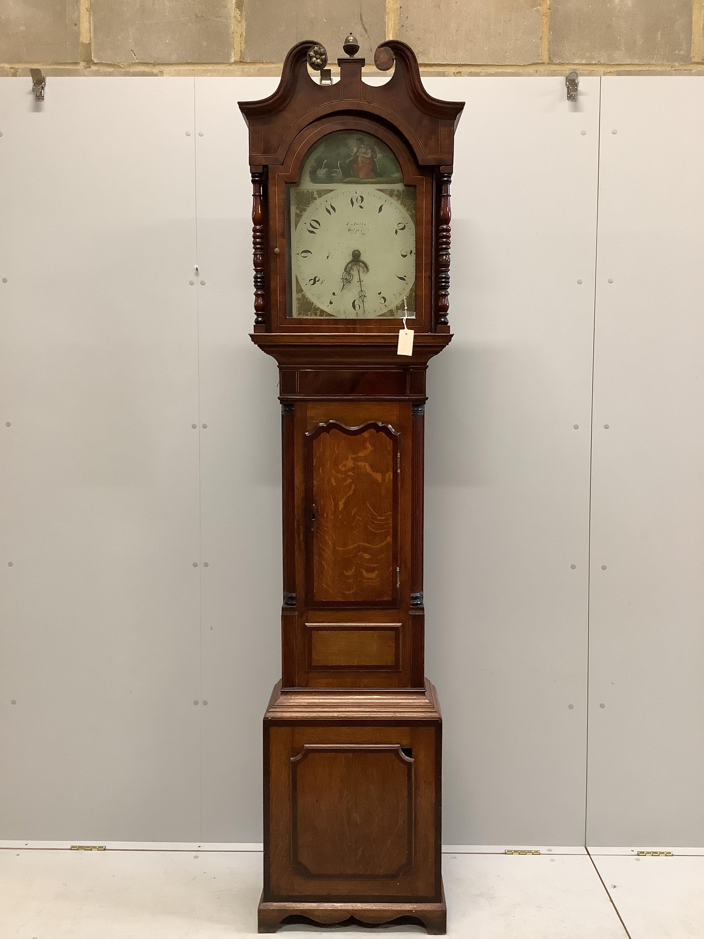An early 19th century oak and mahogany thirty hour longcase clock, height 227cm